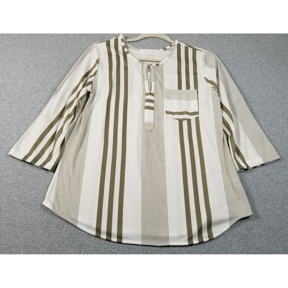 Eden & Olivia Blouse Womens Small S White Green Striped Sheer Stretch 3/4 Sleeve